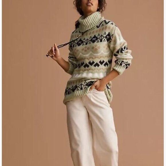Anthropologie Turtleneck Tunic Sweater Fair Isle Mint Green - Small - Picture 2 of 9